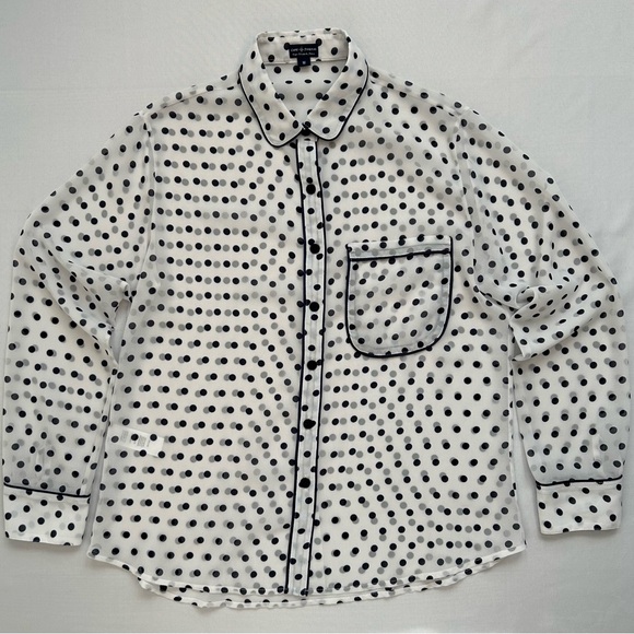 Cape Madras Tops - Cape Madras Sheer Polka Dot Button Up Blouse White Navy Blue Medium